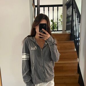 PINK Victoria's Secret Charcoal Gray Striped Sleeve Zip Hoodie